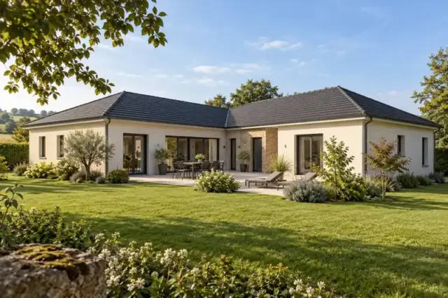 Jardin 125 : concept de maison fran&ccedil;aise de plain-pied, 125 m&sup2;, 4 chambres propos&eacute;es